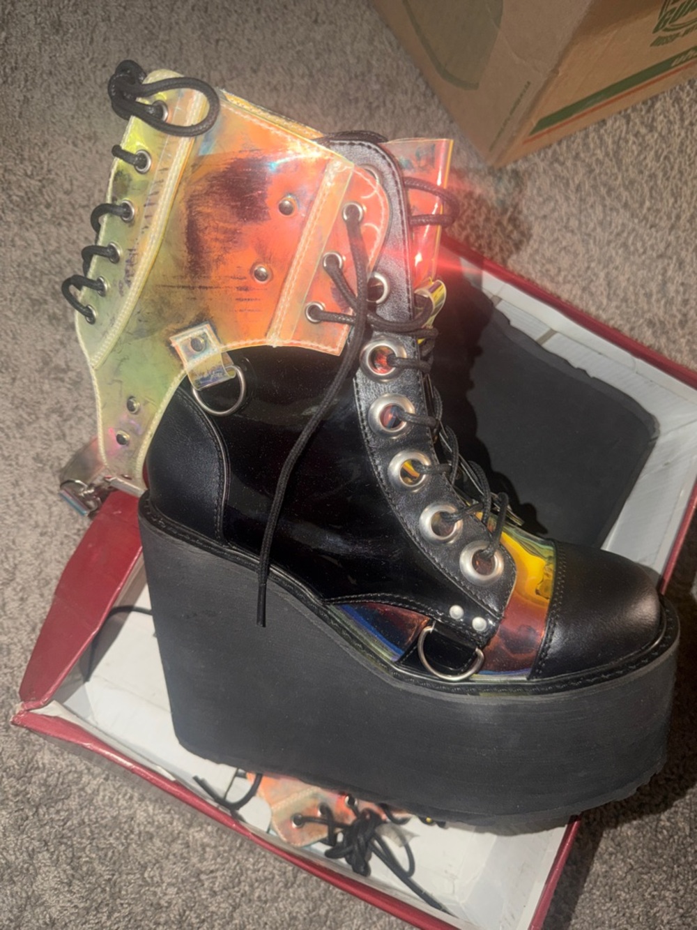 Demonia Iridescent Black Lace-Up Platform Ankle Boots - Picture 5 of 10
